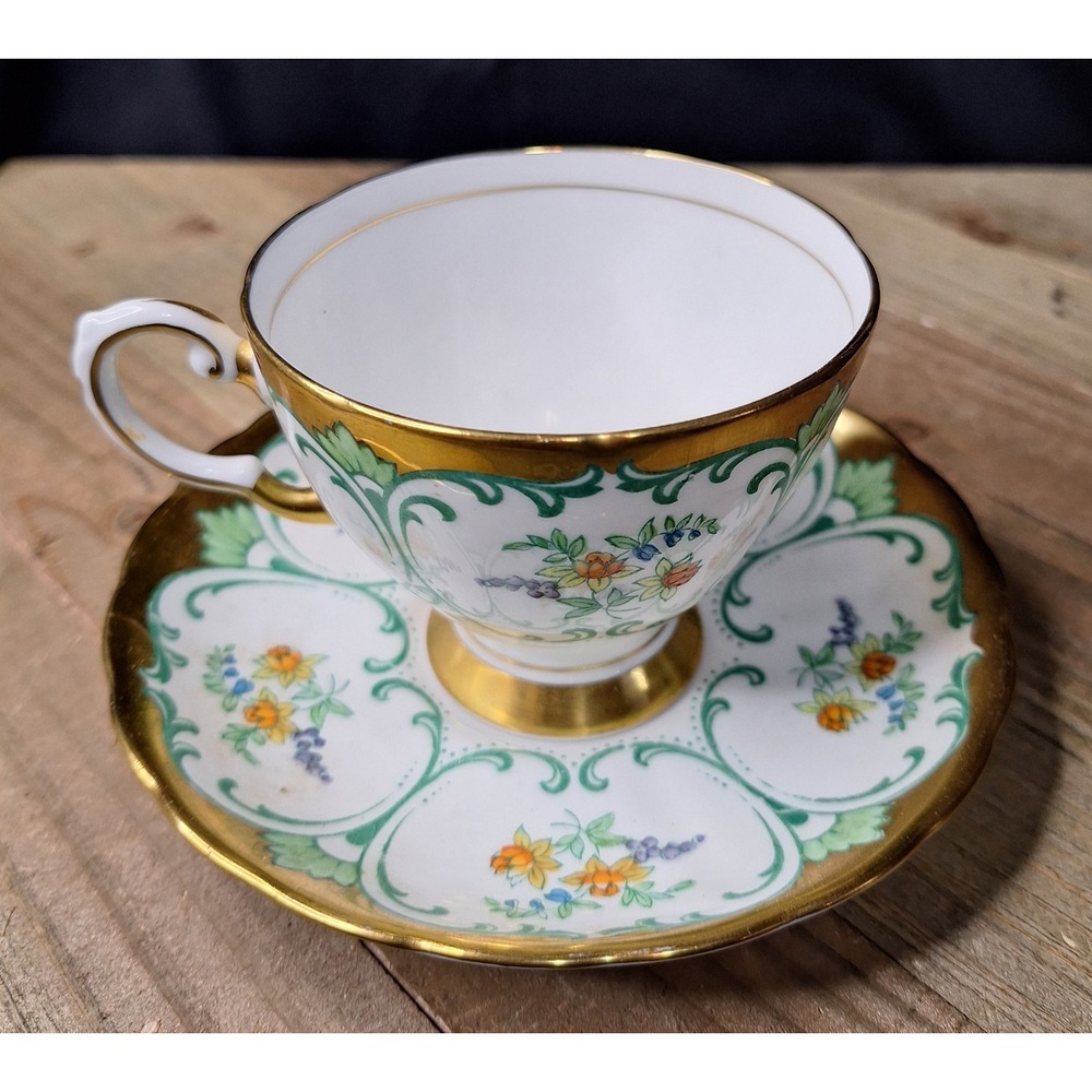 Vintage Tuscon Floral Bone China Teacup & Saucer Set Gold Gilt Green Scrollwork